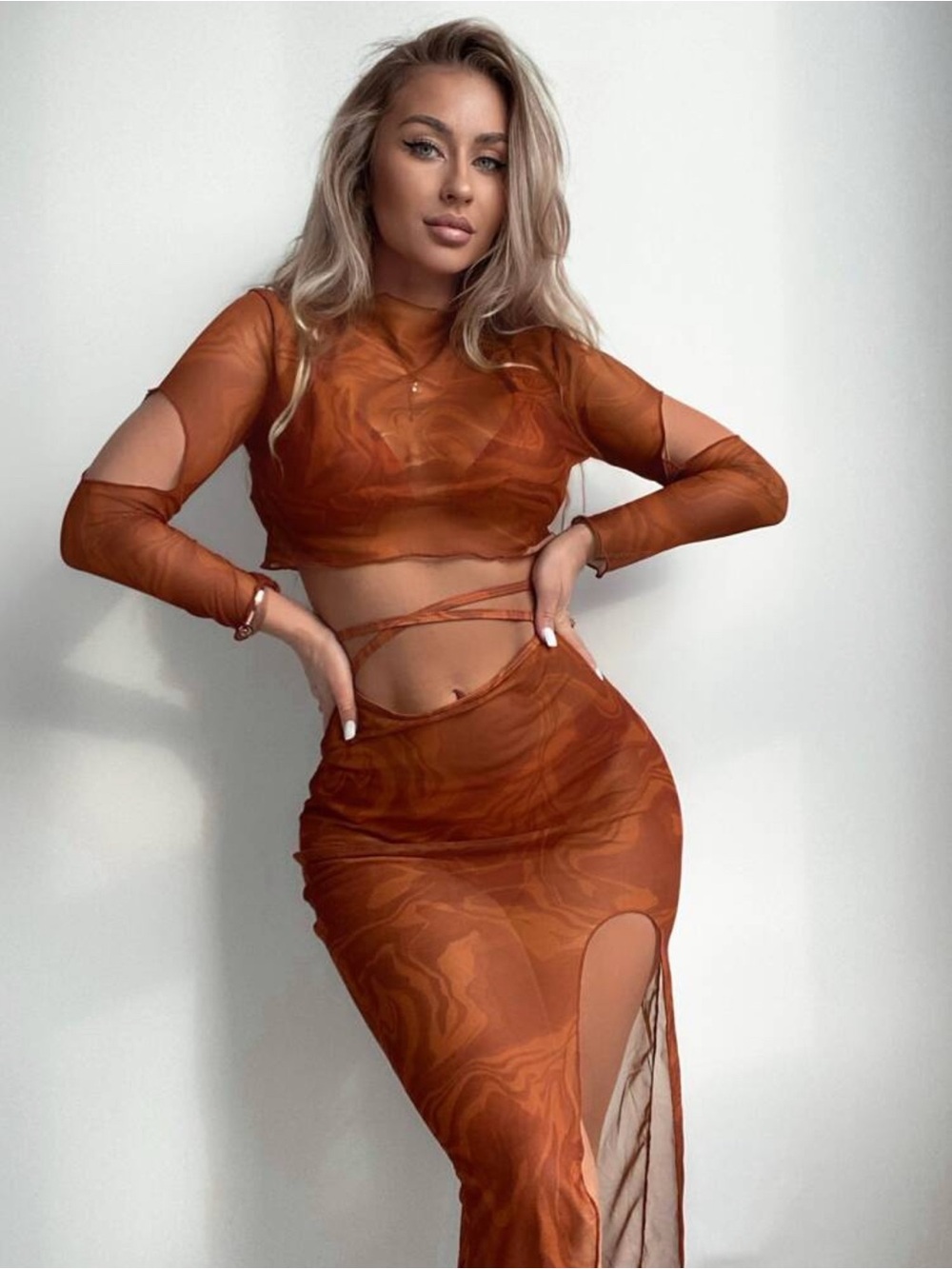 SHEIN Rust Marble Mesh Wrap Crop Top & Maxi Skirt Set